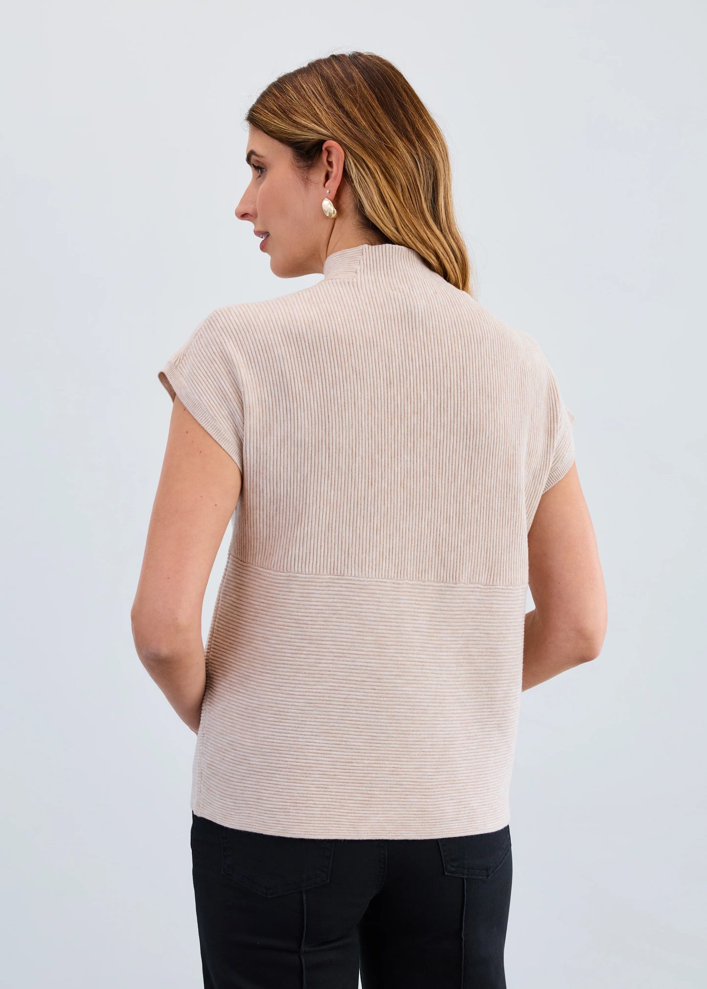 Back view of FDJ sleeveless Ottoman sweater vest, mock neck, women’s fashion.