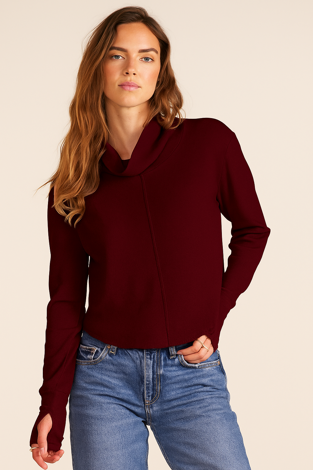 Bobi - Long Sleeve Turtleneck Top with Thumbholes