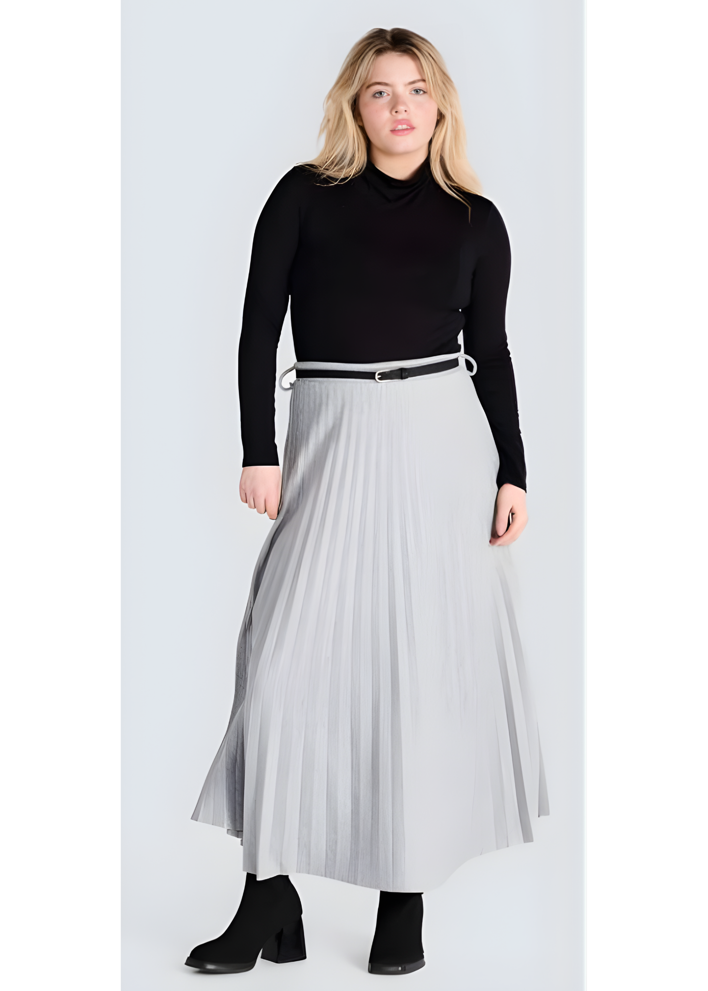 Jessica Laura – Pleated Knit Long Skirt with Faux Leather Belt