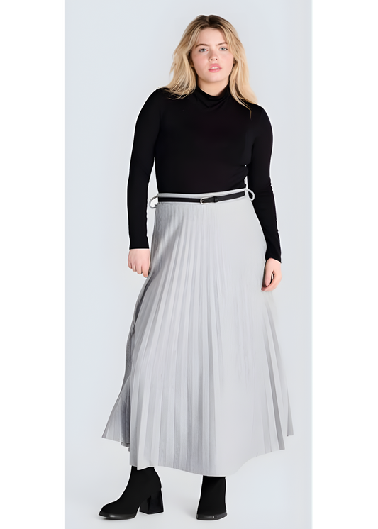 Jessica Laura – Pleated Knit Long Skirt with Faux Leather Belt