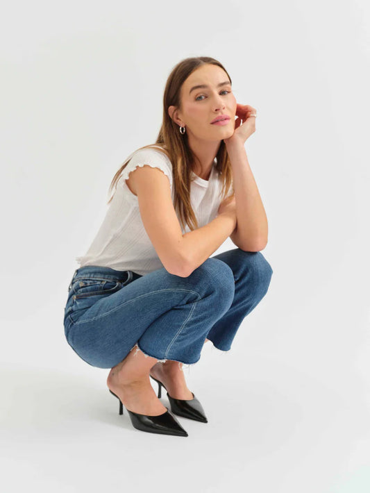 Daze Denim Shy Girl Crop Flare Jeans in Influencer Blue, Gayle’s Fashions Canada.