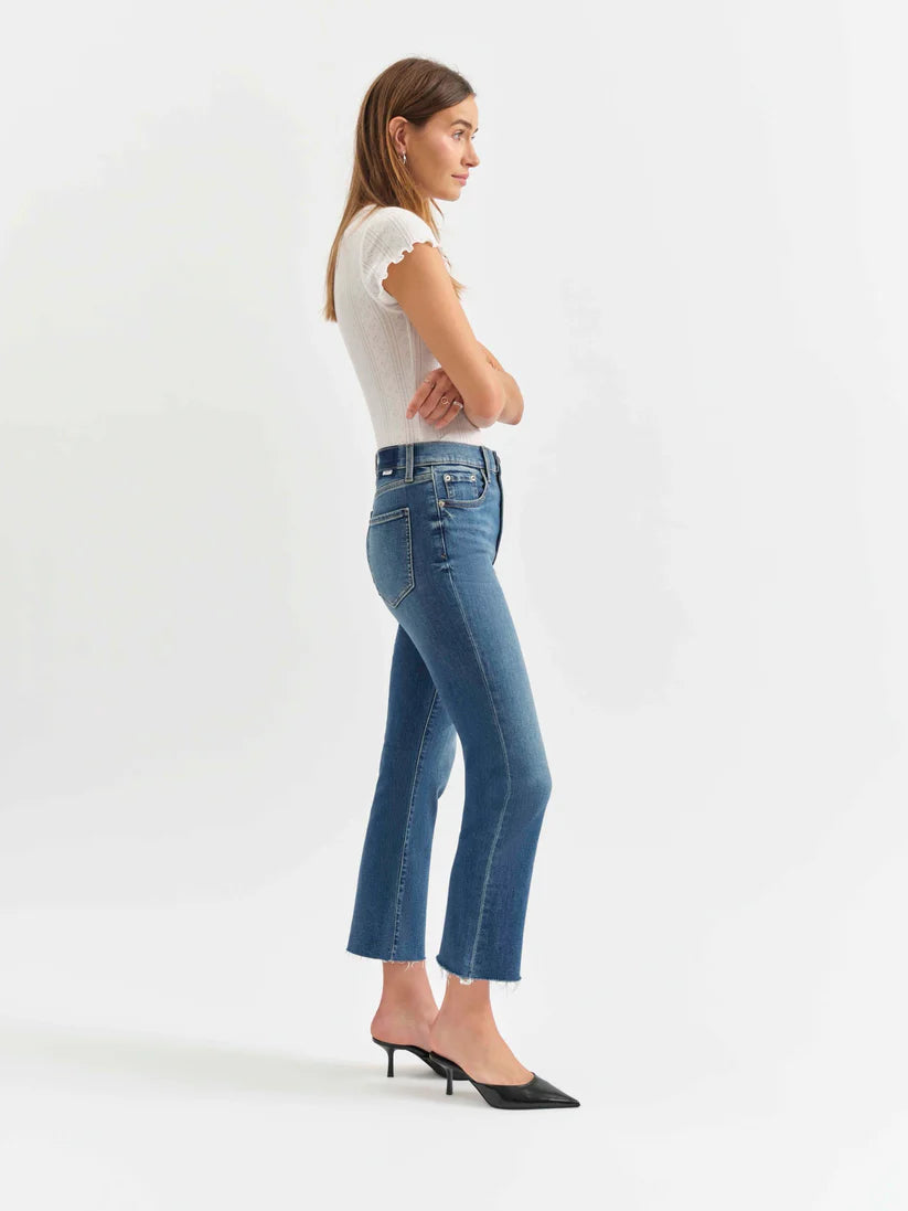 Side view of Influencer Blue crop flare jeans, slight flare, Gayle’s Fashions.