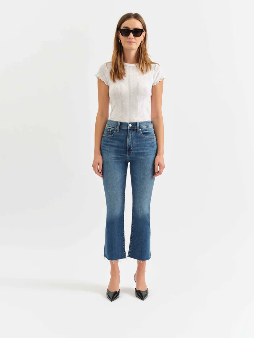 Front view of Influencer Blue Shy Girl Crop Flare Jeans, women’s denim Canada.