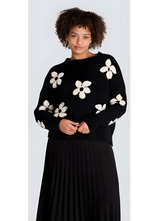 Jessica Laura – Boat Neck Knit Sweater with Flowers