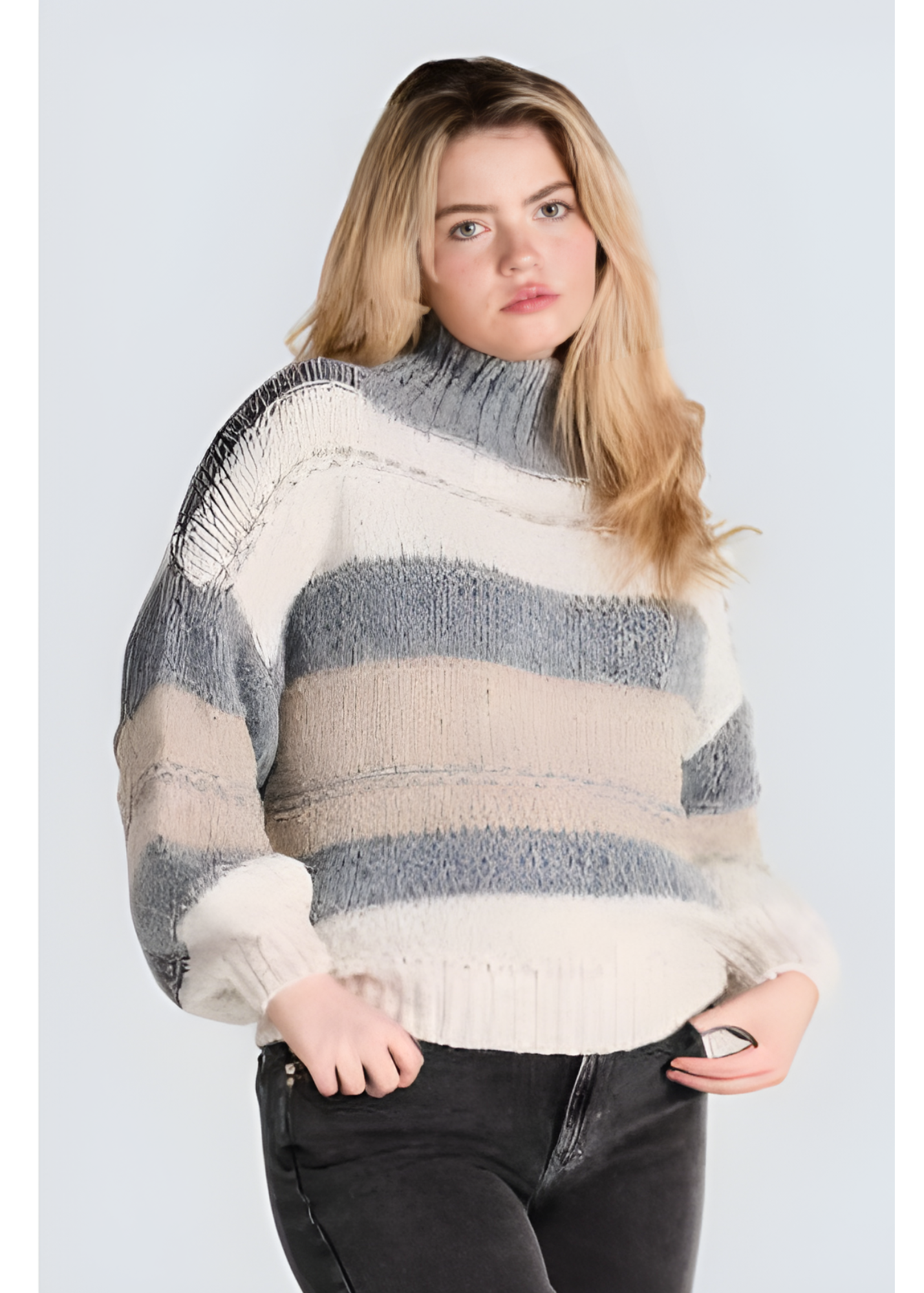 Oversized loose knit sweater in beige-taupe tones, styled from Jessica Laura boutique.
