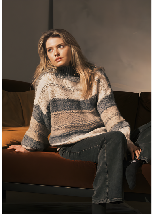 Taupe mock-neck balloon sleeve sweater from Jessica Laura’s cozy knit collection.
