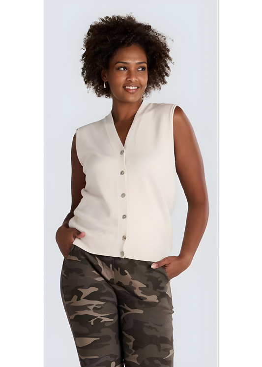 Lightweight knit cardigan vest in neutral tones from Jessica Laura at Gayle’s Fashions.