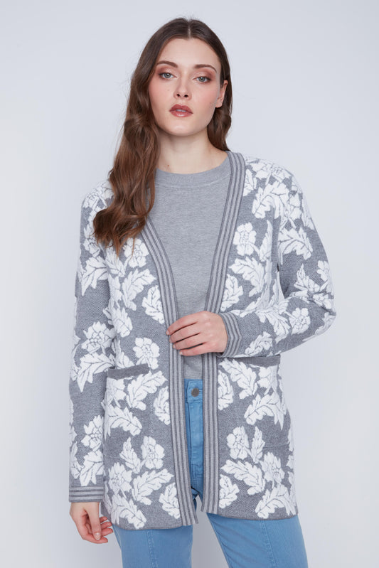 Grey floral-patterned knit cardigan with zipper front from CYC boutique fashion.