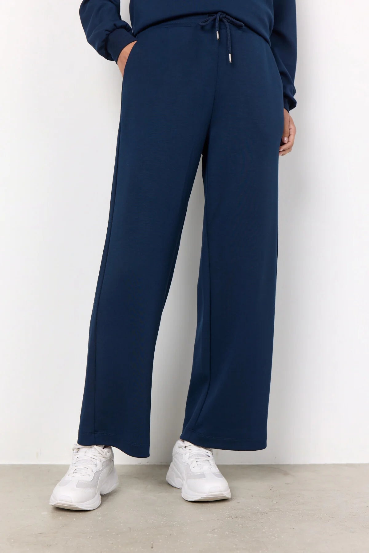 Close-up side view of the Soya Concept Banu Casual Pant in Navy, showing the relaxed fit and wide-leg silhouette.