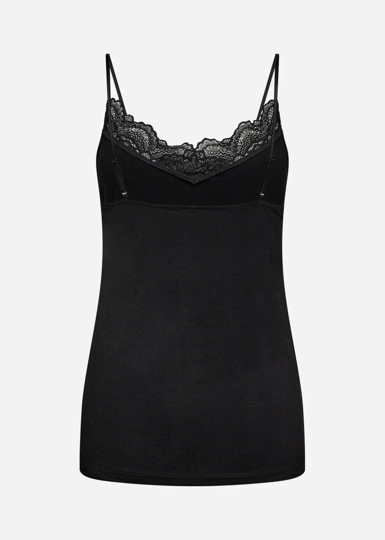 Another flat lay image of the Soya Concept Marica 168 black lace-trimmed spaghetti strap tank, showing the front design with lace accents and a fitted silhouette.