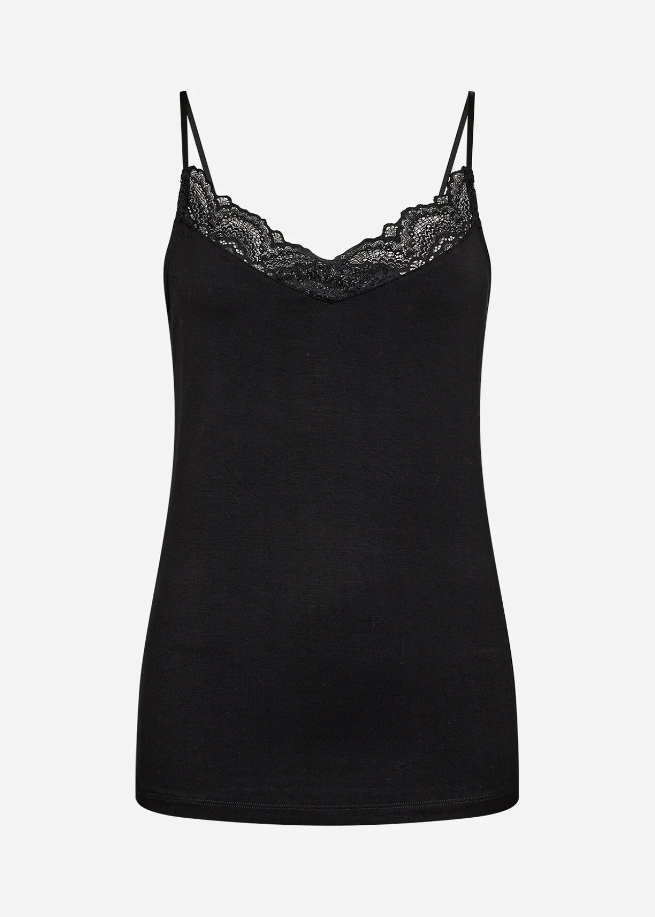 Flat lay image of the Soya Concept Marica 168 black lace-trimmed spaghetti strap tank against a white background, displaying the garment's structure and lace detail.