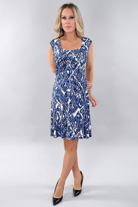 Michael Tyler Cap Sleeve Flared Dress in a denim-ivory print, featuring a soft bamboo jersey fabric, cap sleeves, and a flattering flared silhouette.