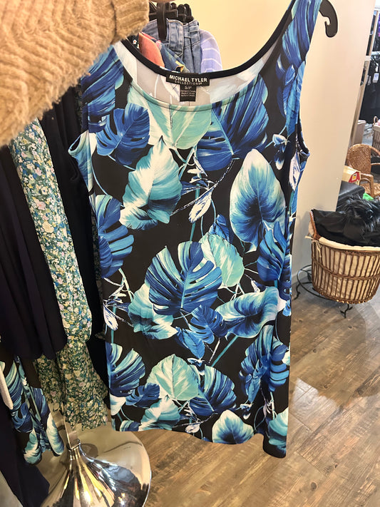 Michael Tyler Sleeveless Sundress with a tropical green and blue print, A-line silhouette, and lightweight microfiber fabric, perfect for summer styling.