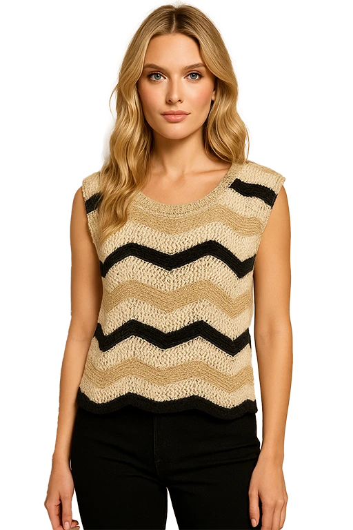 Orly – Sleeveless Knit Waist-Length Top (Cream/Black Combo) - Gayle's Fashions