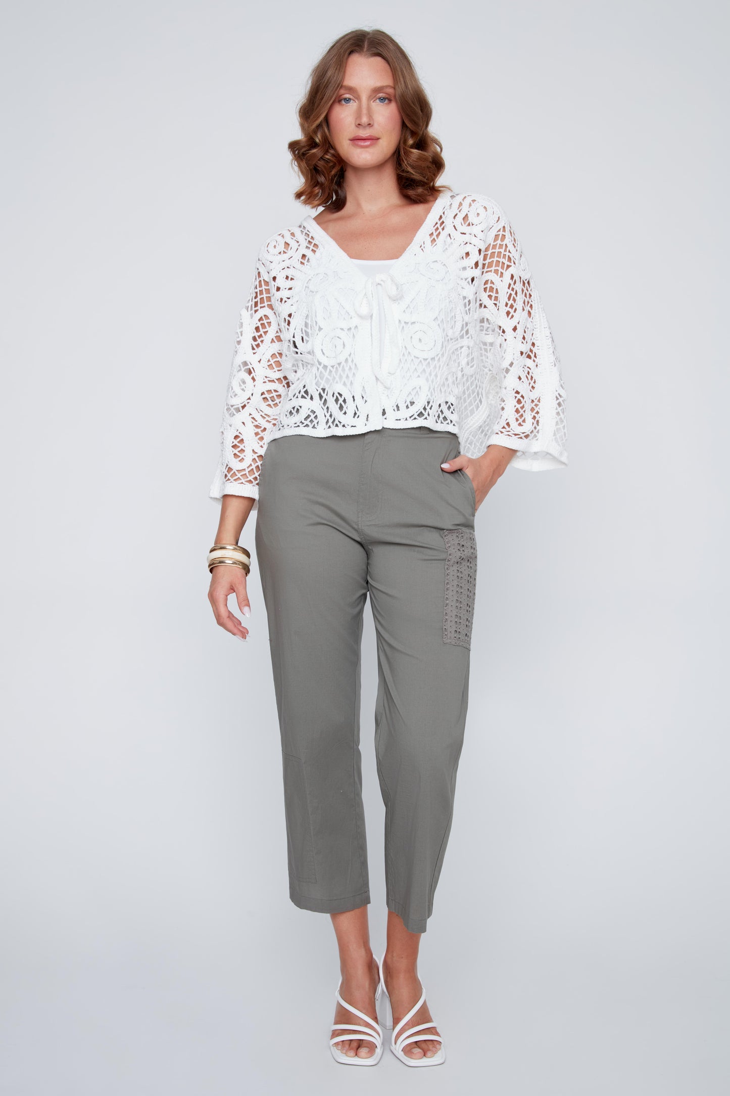 CYC - Loose Knit Drop Shoulder Cardigan with Tie (White) - Gayle's Fashions