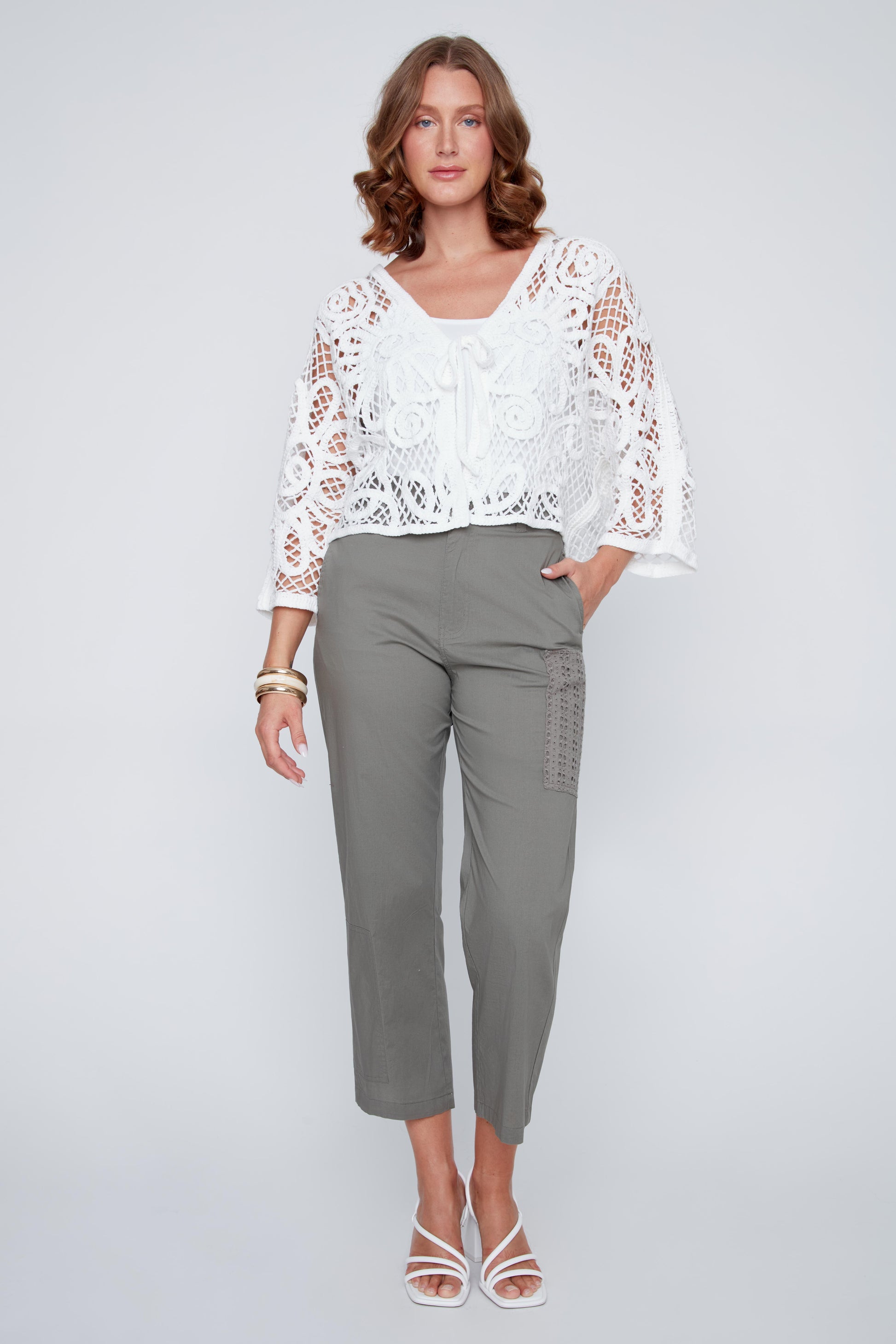 CYC - Loose Knit Drop Shoulder Cardigan with Tie (White) - Gayle's Fashions