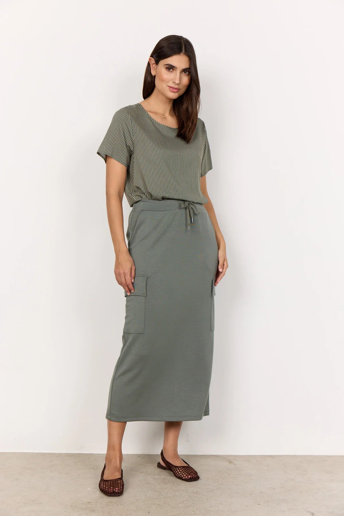 Soya Concept - Banu 189 Drawstring Waist Cargo Skirt in Misty Green