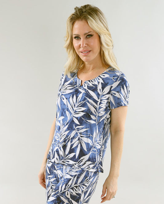 Michael Tyler - SS Top in A/S Denim Tropical Printed Top - Gayle's Fashions