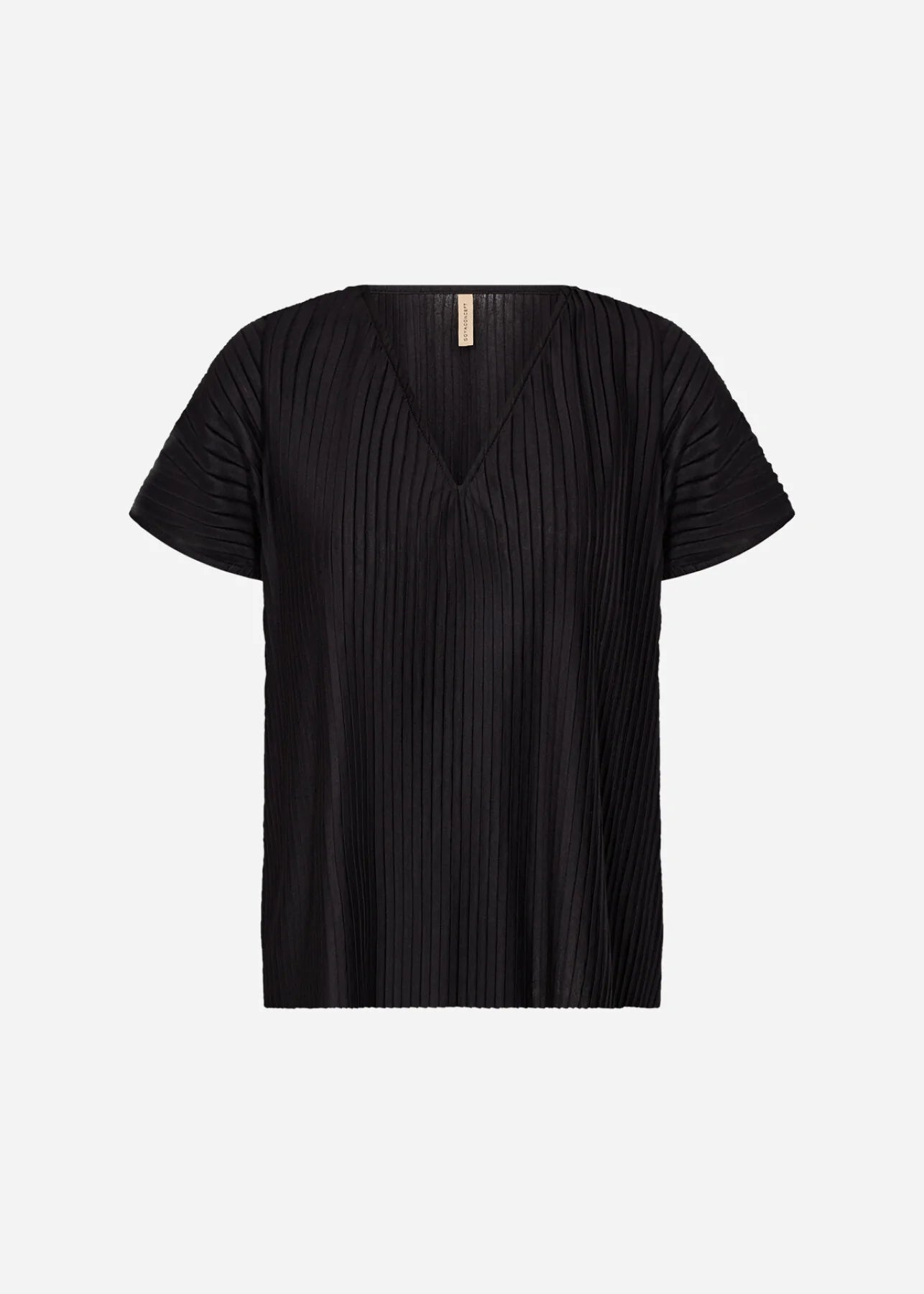 Front view of the waist-length pleated knit top in soft viscose blend by Soya Concept.
