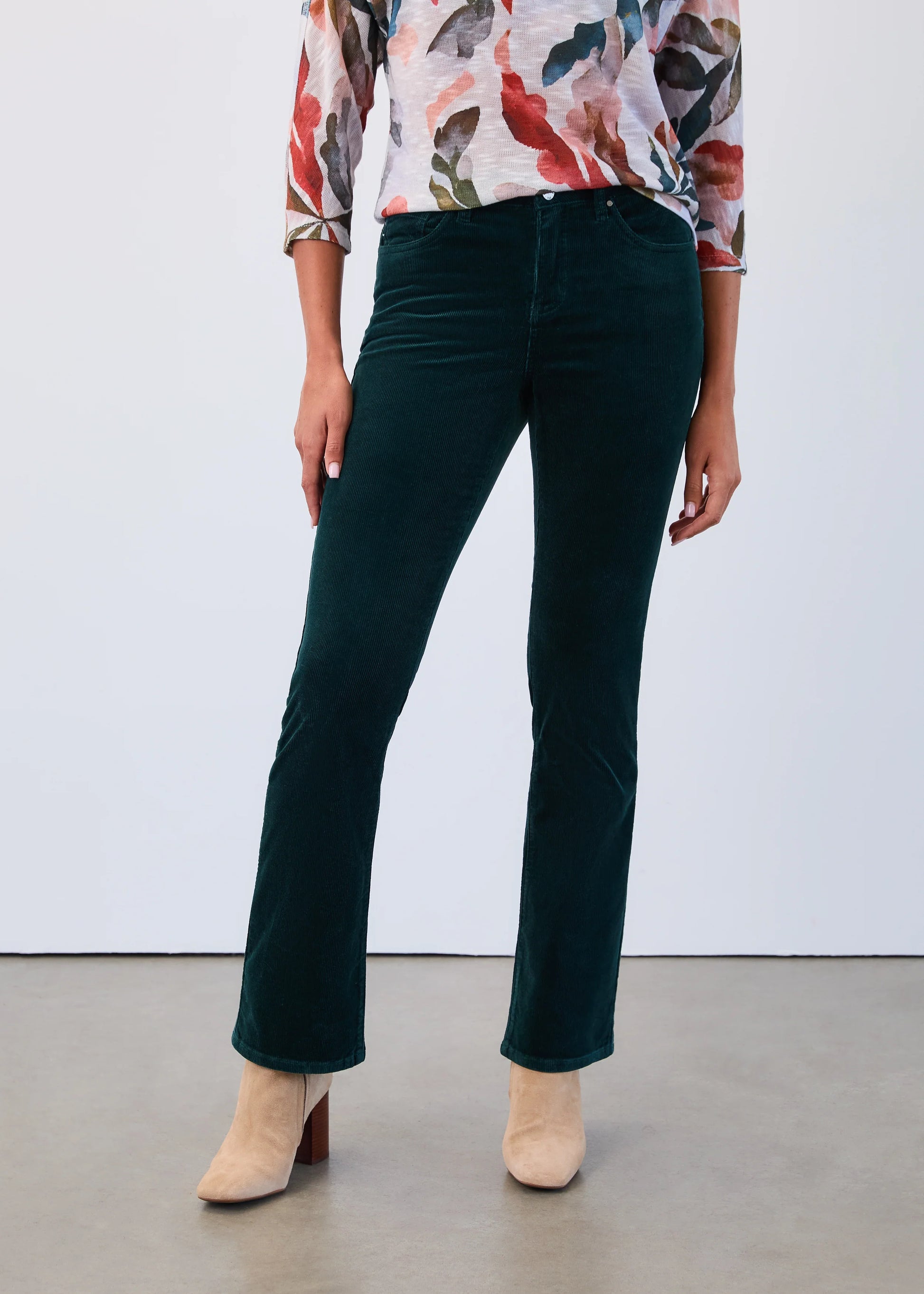 Front view Olivia bootcut pants in spruce green corduroy, Canadian fashion.