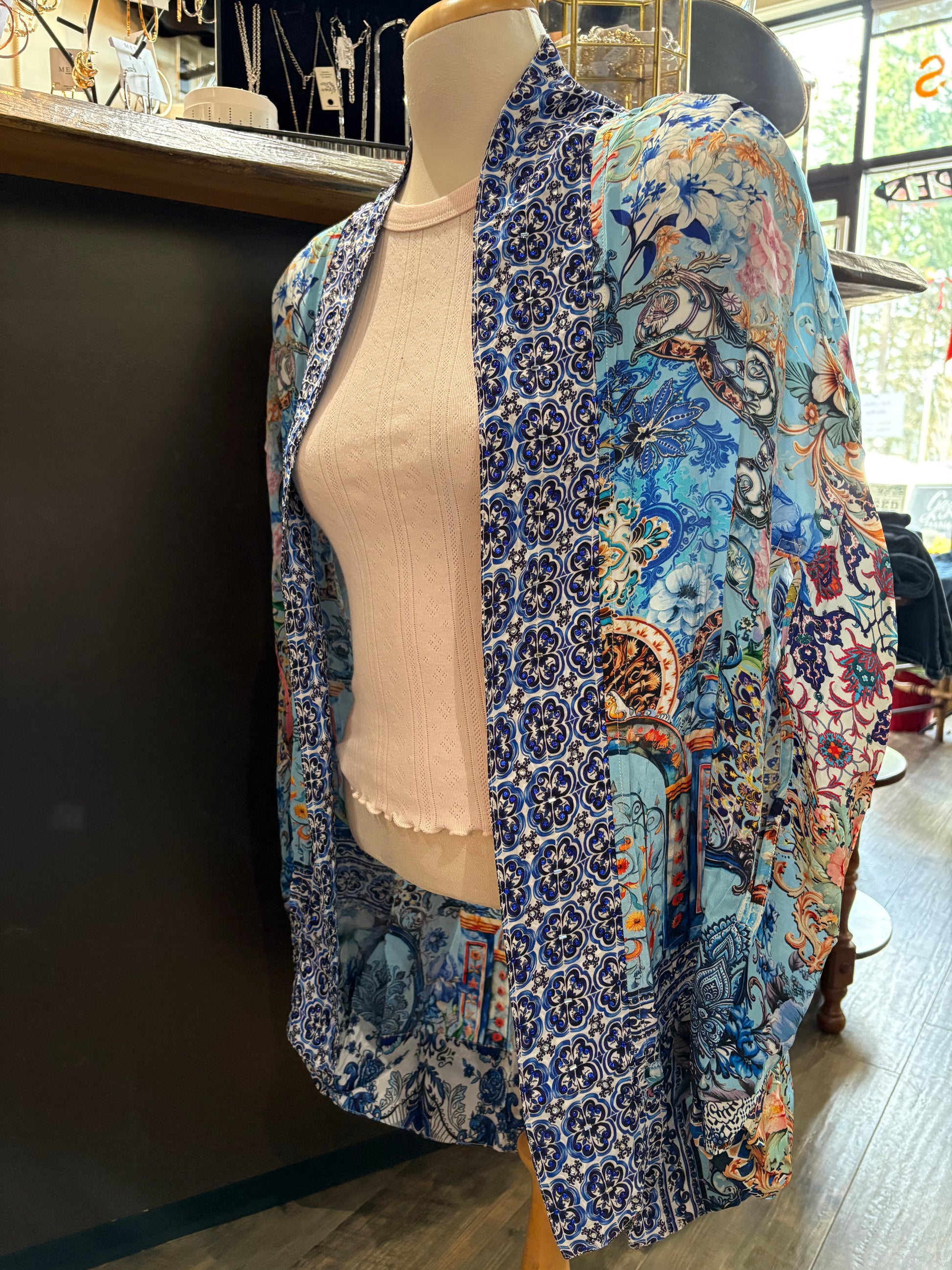 Angeleye – Blue Print Kimono with Rhinestone Details - Gayle's Fashions