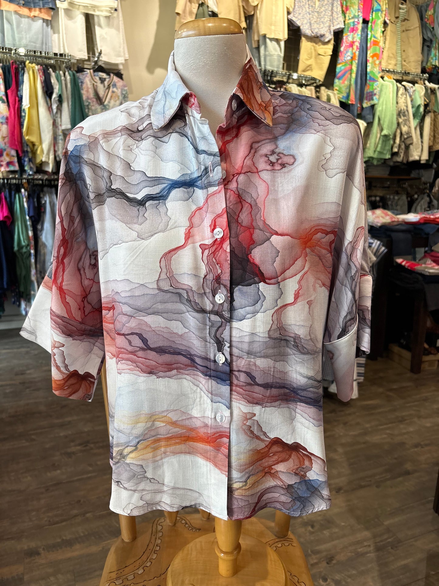 Bali – Wide Half Sleeve Button-Up Blouse (Multi) - Gayle's Fashions