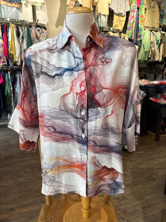 Bali – Wide Half Sleeve Button-Up Blouse (Multi) - Gayle's Fashions