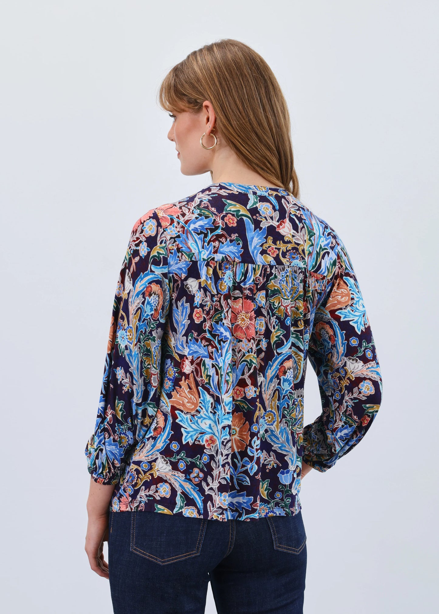 Back view of FDJ Damask Watercolour blouse, loose fit long sleeve women’s top.
