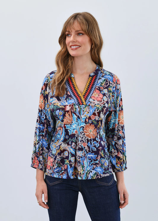 FDJ Damask Watercolour flowy blouse, relaxed fit women’s top, Gayle’s Fashions Canada.