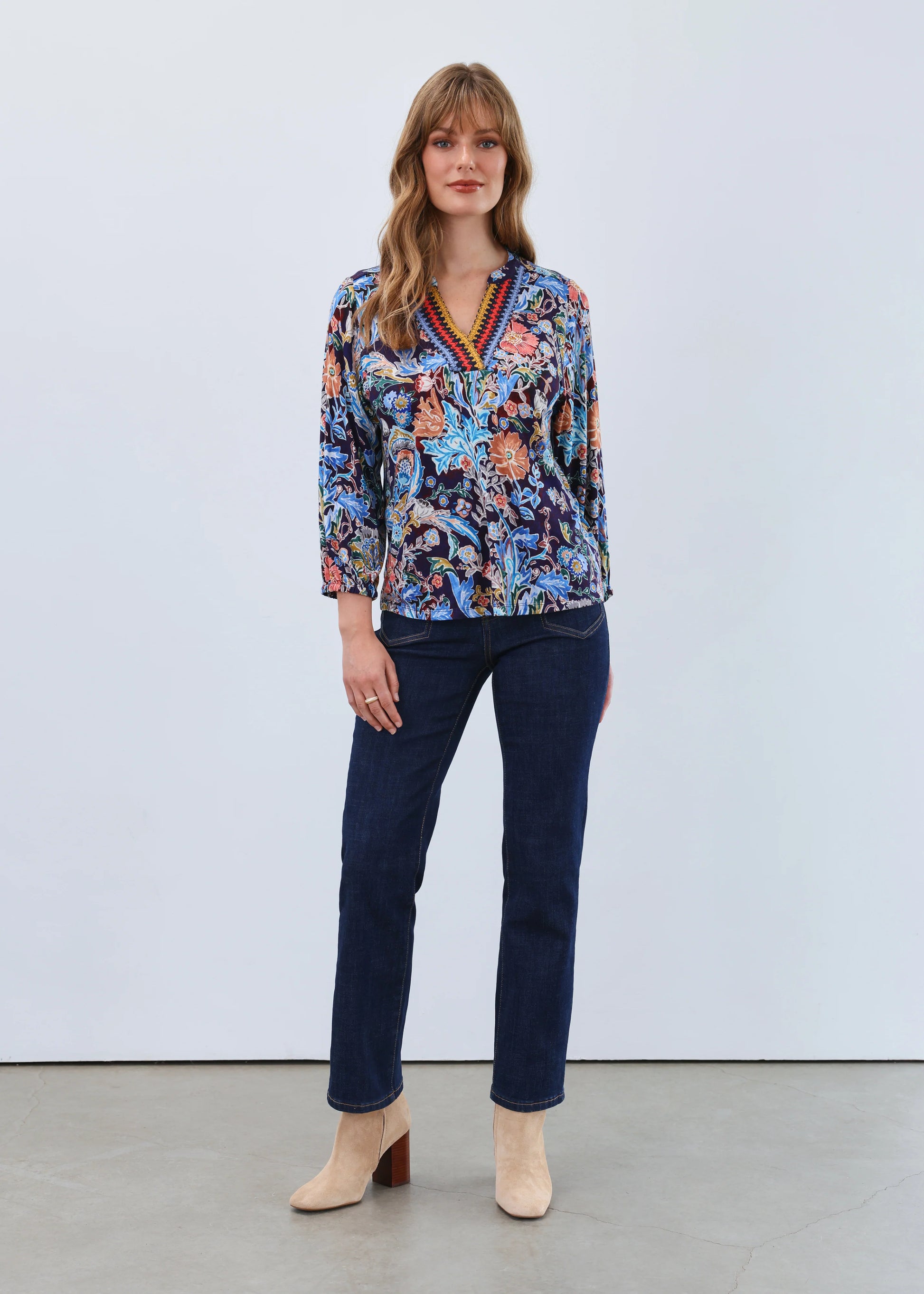 Model wearing FDJ's Damask Watercolour blouse with V-neck detail. Shop now at Gayle’s Fashions Canada.