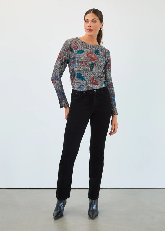 Front view of FDJ rib top in Bloomsbury print, styled at Gayle’s Fashions Canada.