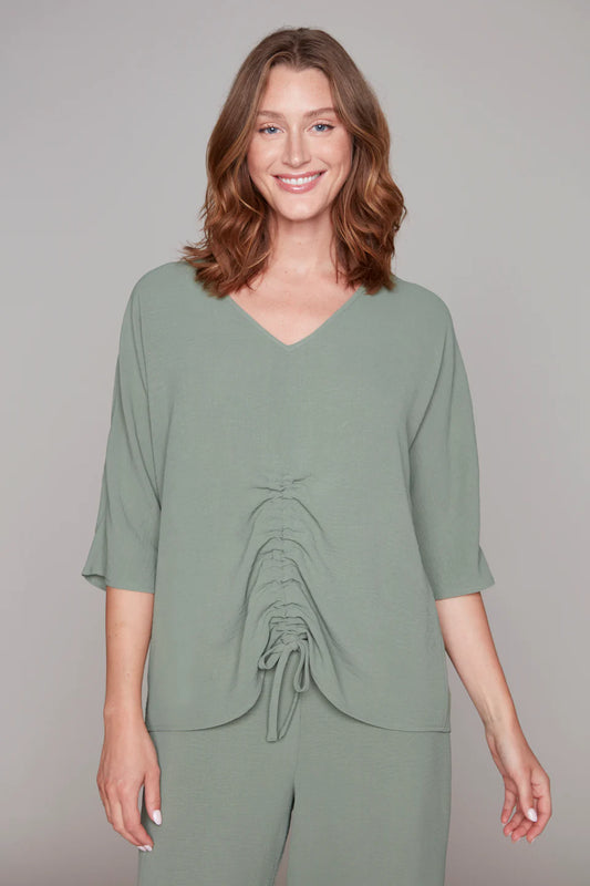 Compli K – Woven Half Sleeve Gathered Front Top (Sage)
