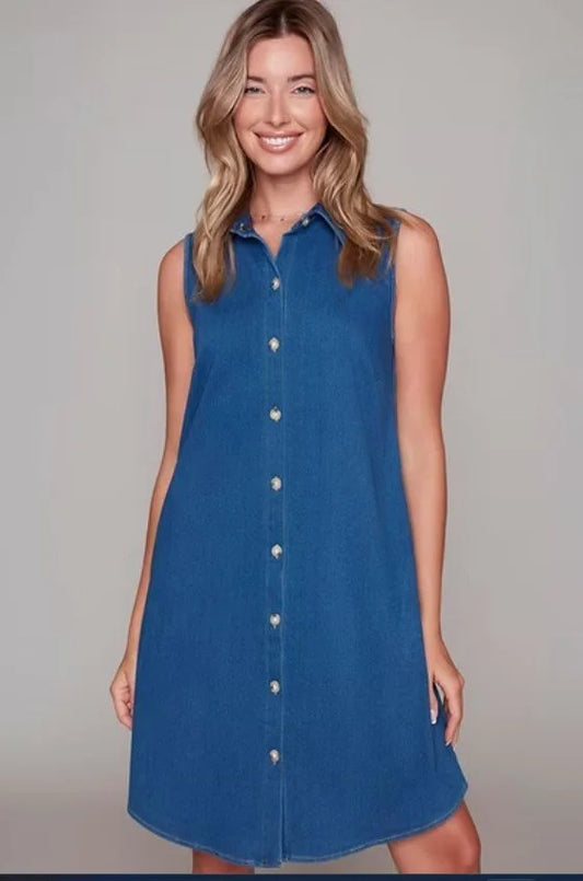 Compli K – Stretch Denim Collared Shift Dress with Pockets
