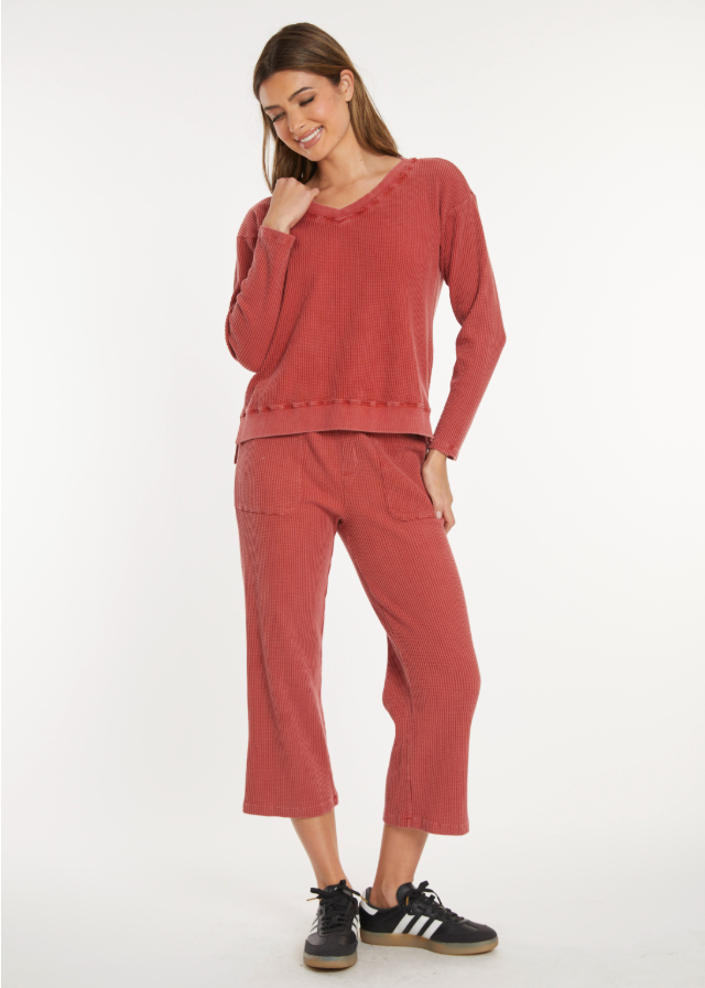 Mododoc – Long Sleeve Open Neck Waffle Top