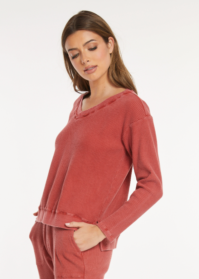 Mododoc – Long Sleeve Open Neck Waffle Top