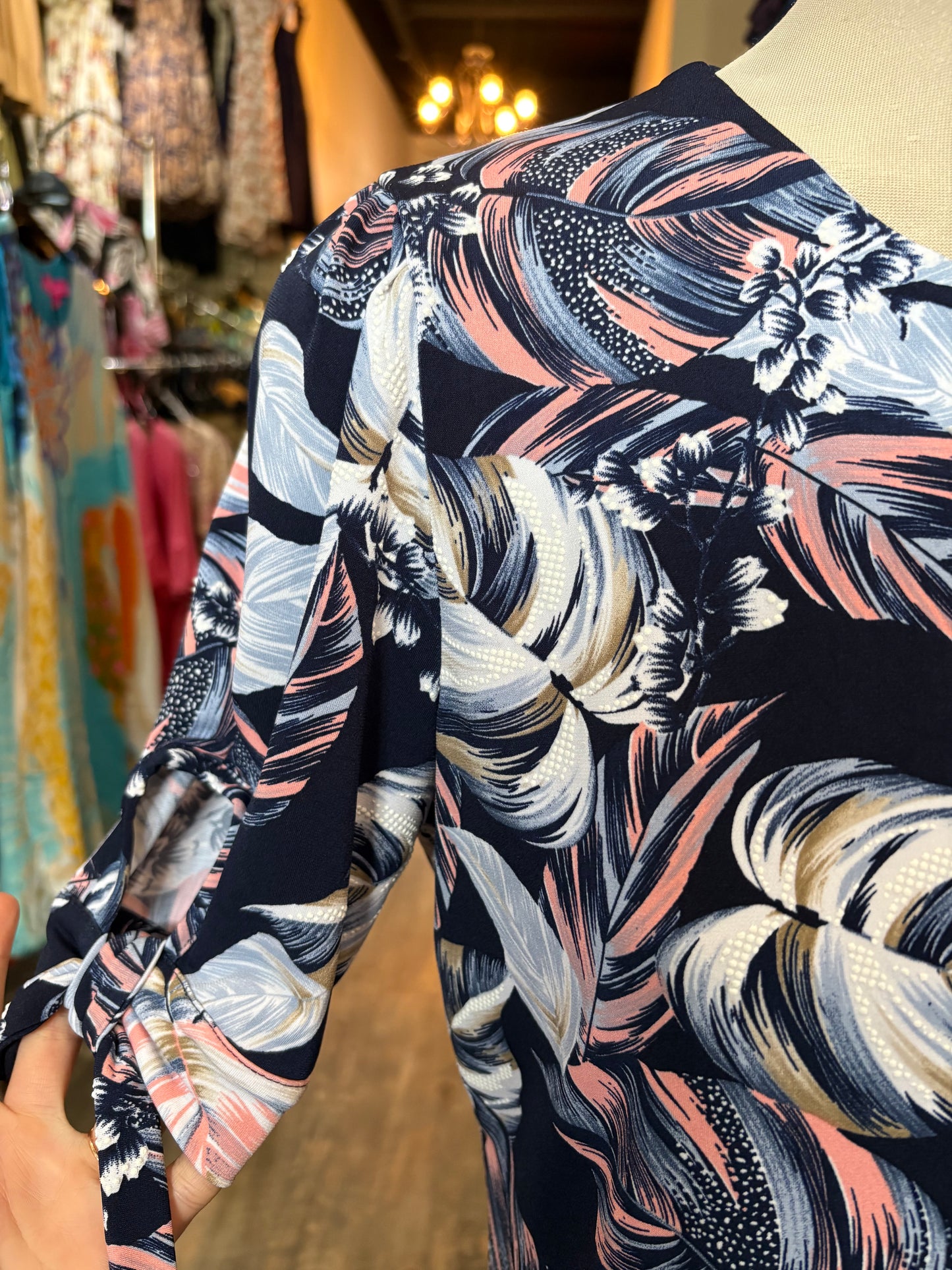 Bali – Short Sleeve Tie Sleeve Top with Feather Print (Blue Print) - Gayle's Fashions