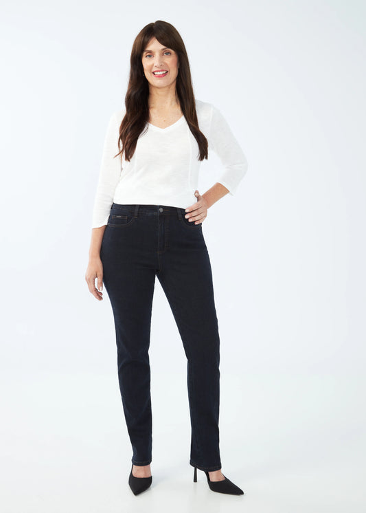 Woman modeling FDJ Suzanne Straight Leg Jeans in midnight blue, classic fit denim.