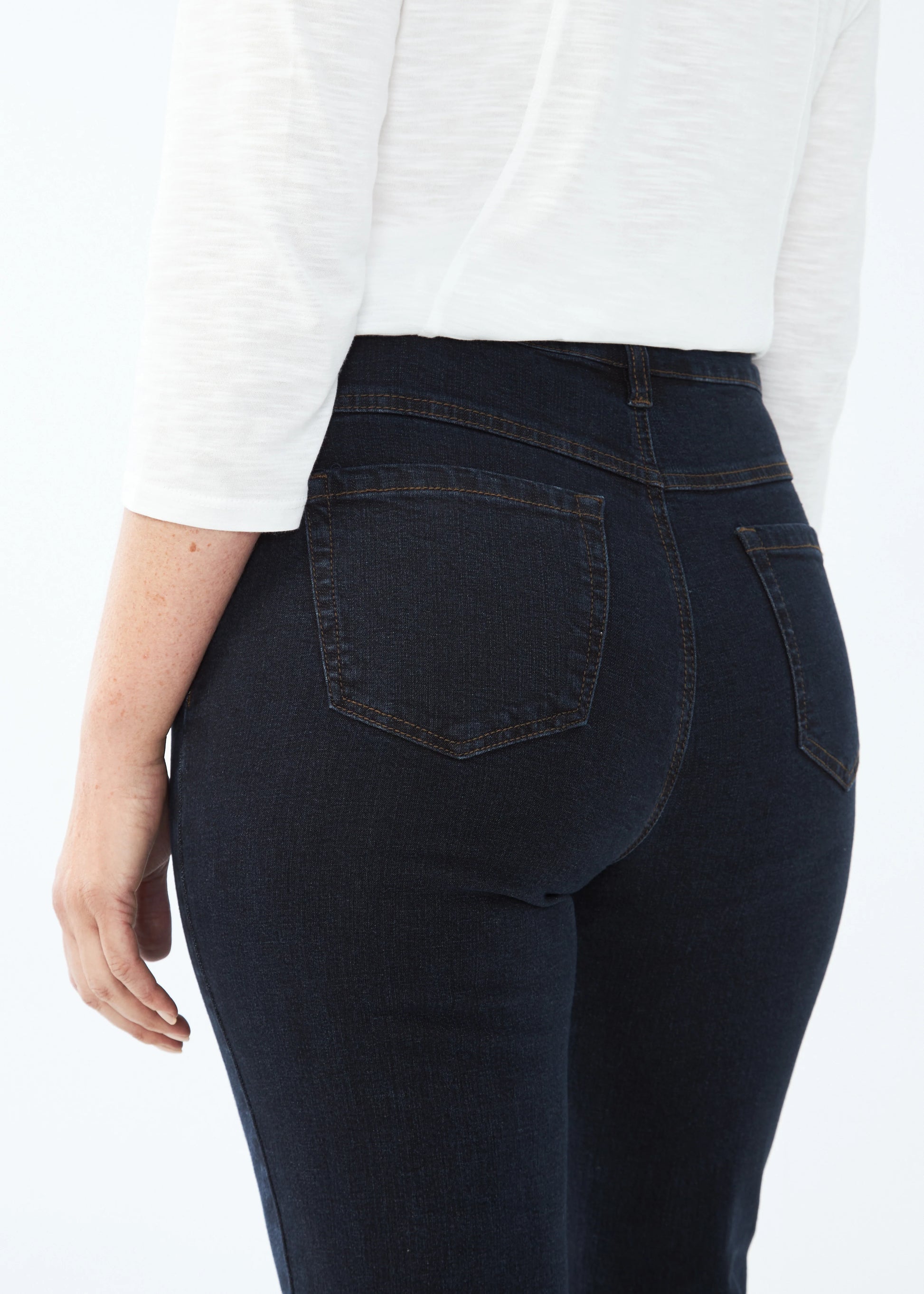 Close-up view of the back side of the Suzanne Straight Leg Jeans by French Dressing Jeans. Sold at Gayle's Fashions, BC, Canada.