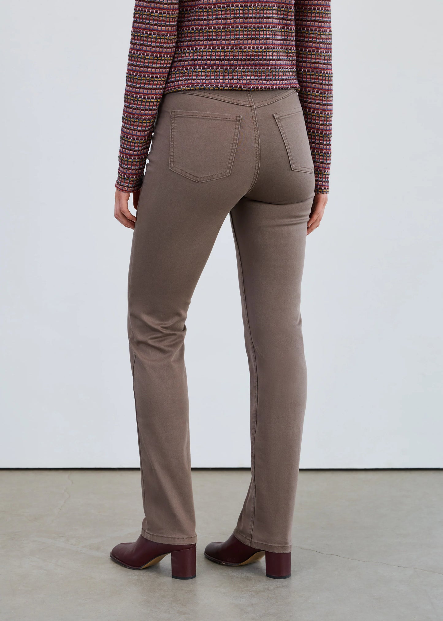 Back view of women’s FDJ Suzanne Straight Leg Jeans in taupe brown, straight cut fit.