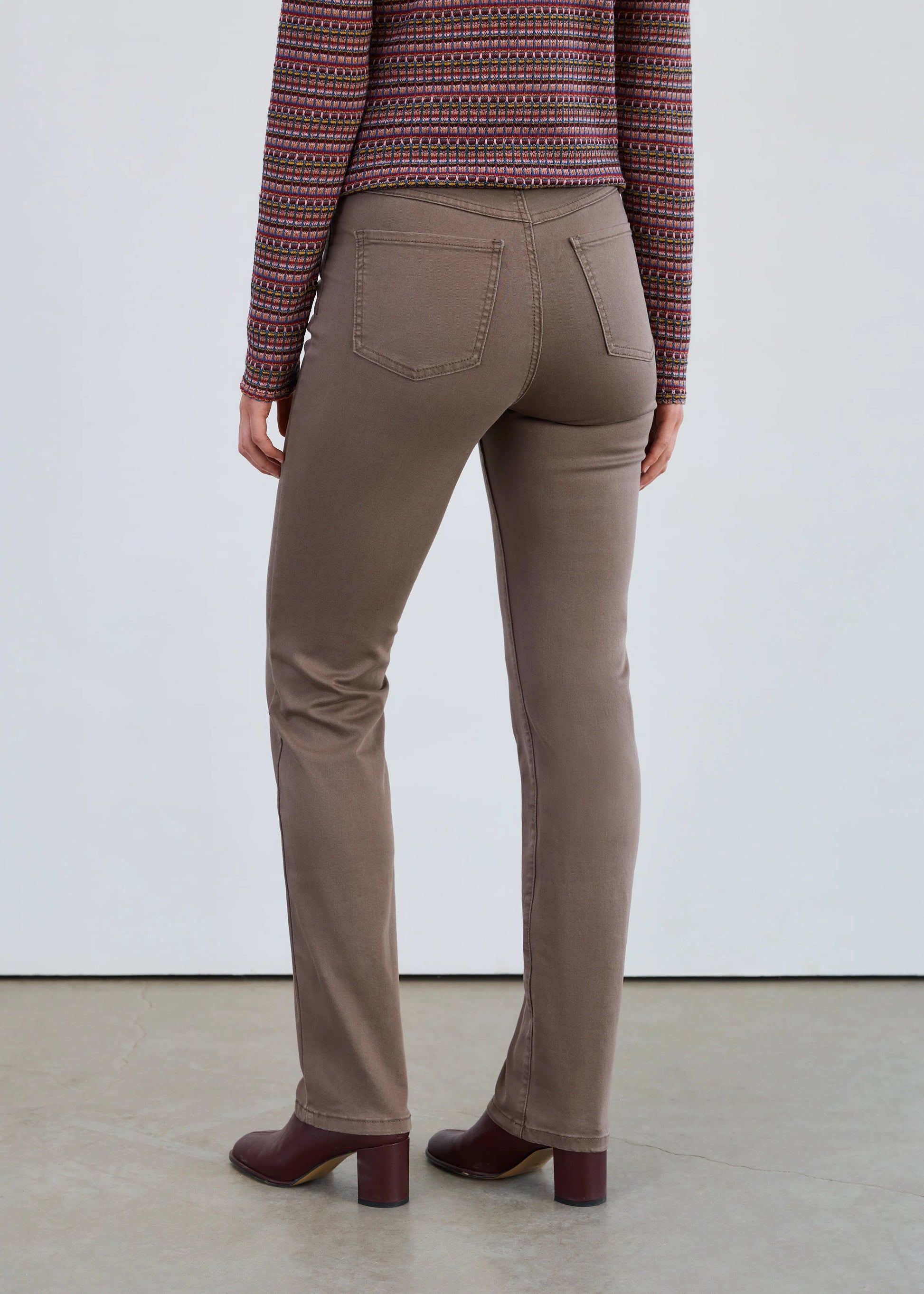 Back view of women’s FDJ Suzanne Straight Leg Jeans in taupe brown, straight cut fit.
