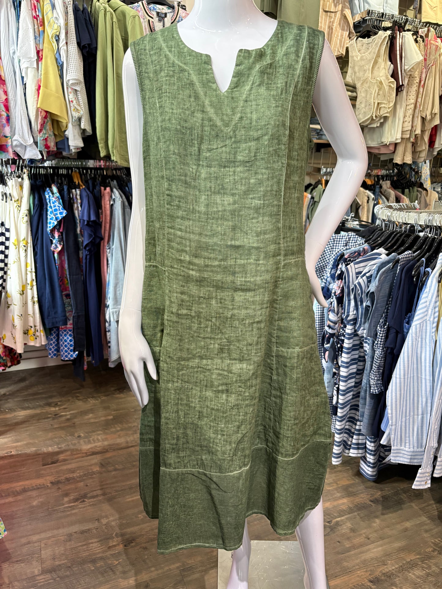 Compli K – Khaki Green Linen Dress with Ribbed Knit Back