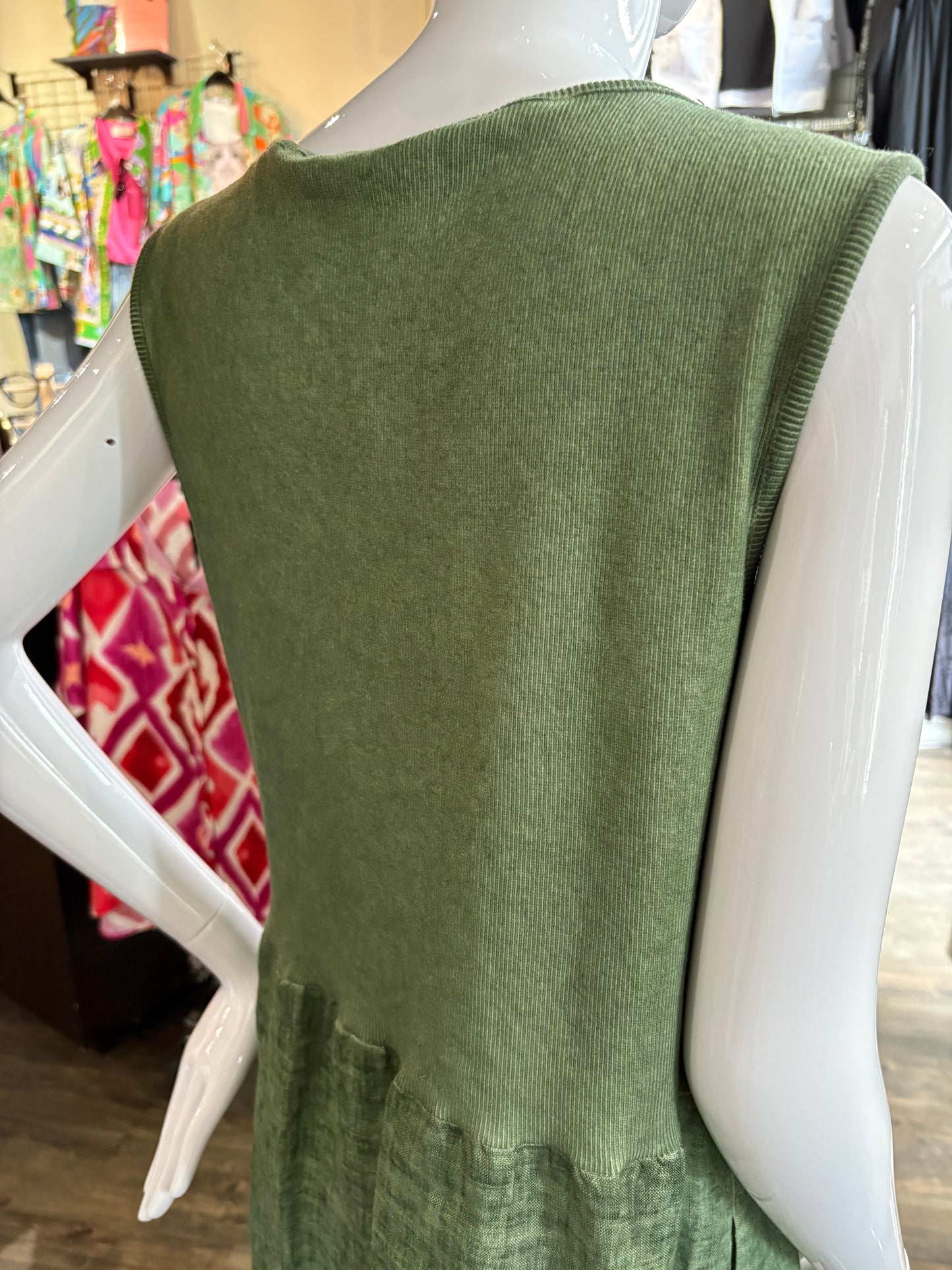 Compli K – Khaki Green Linen Dress with Ribbed Knit Back