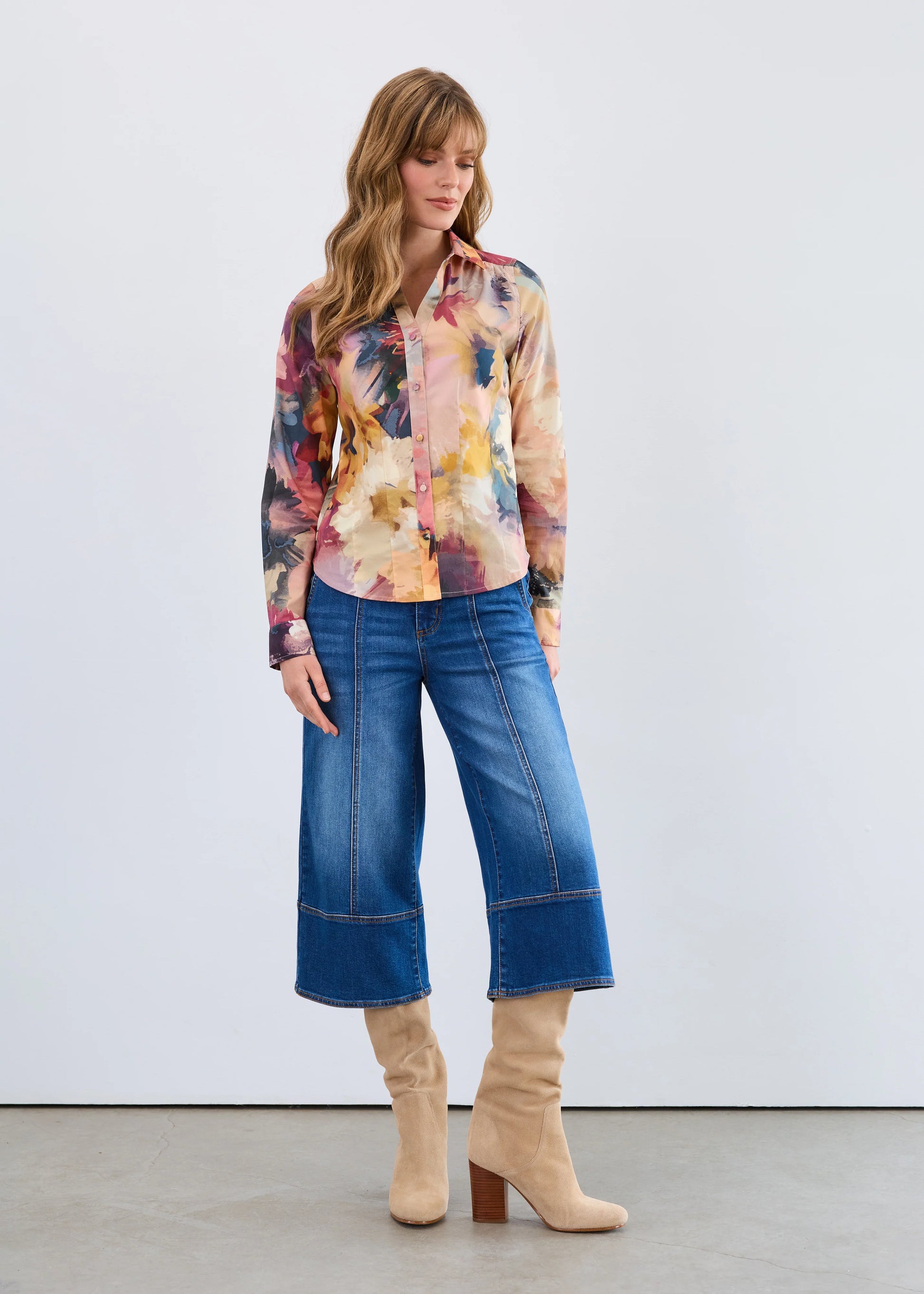 Model wearing the floral Melanie collared blouse by FDJ, women’s cotton top Gayle’s Fashions.