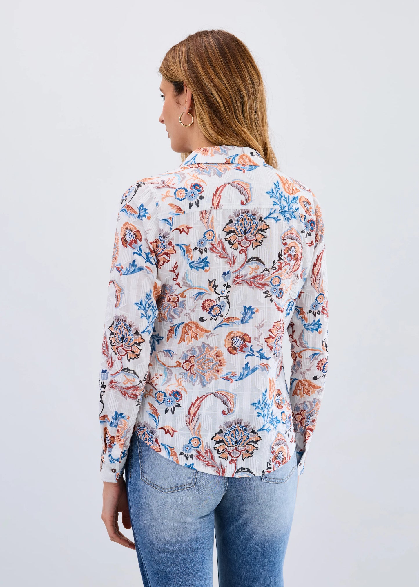 Back view FDJ ivory neutral damask blouse, long sleeve button down Canada.