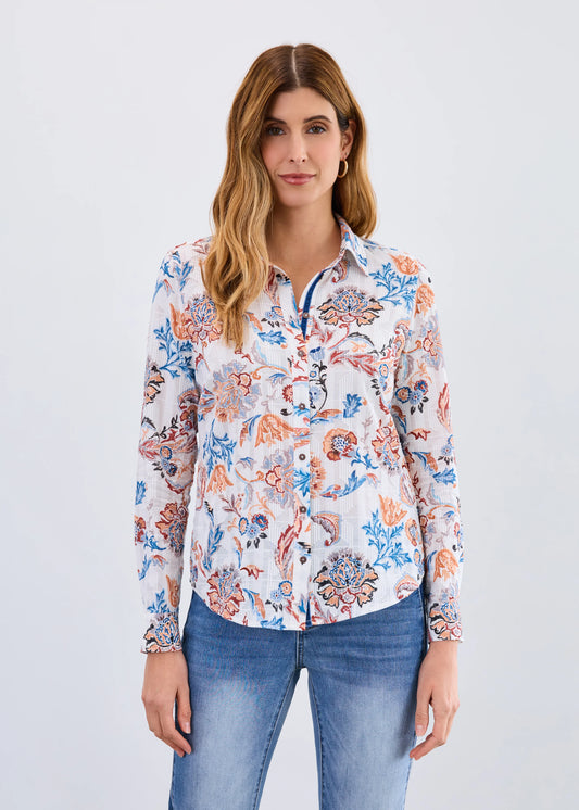 Woman wearing FDJ ivory neutral damask blouse with jeans, boutique style. Available at Gayle's Fashions, BC, Canada.