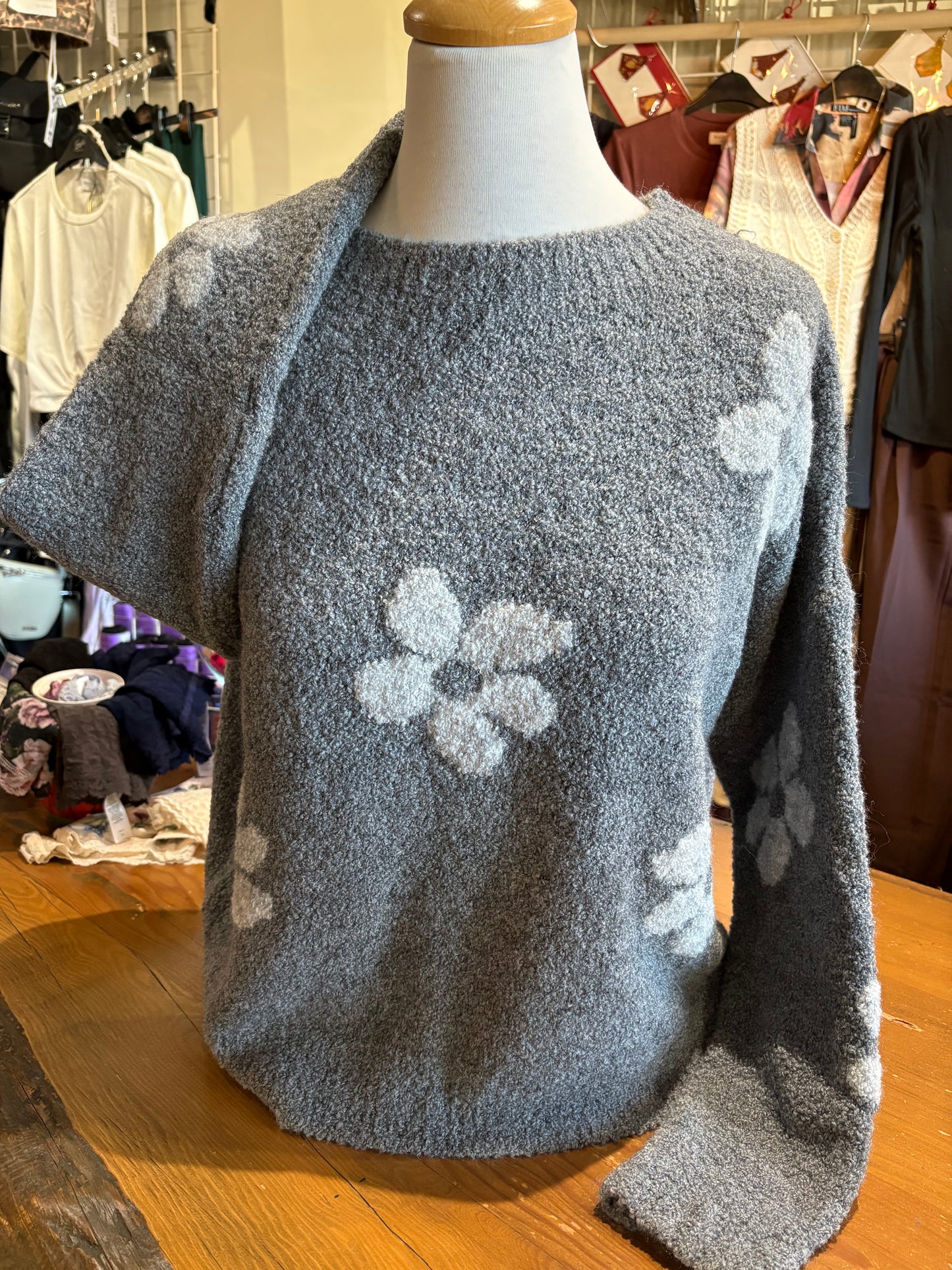 Jessica Laura – Boat Neck Knit Sweater with Flowers