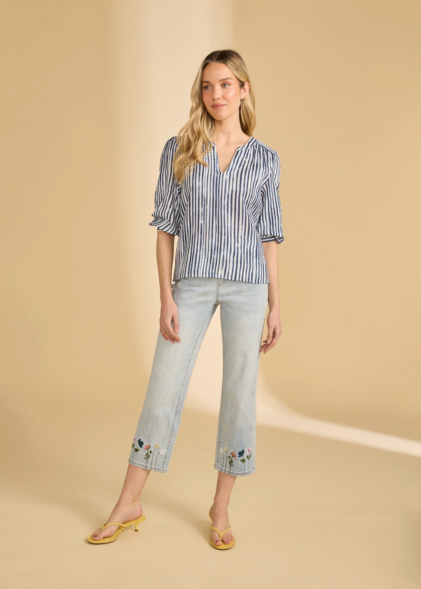 FDJ – 3/4 Sleeve Popover Blouse, Navy/White - Gayle's Fashions