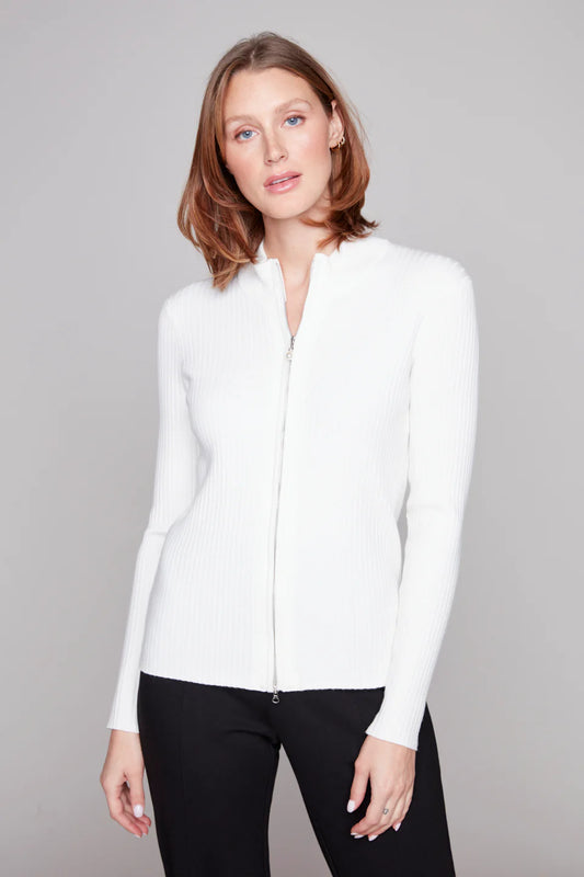 Carré Noir - Ivory Full-Zip Ribbed Sweater