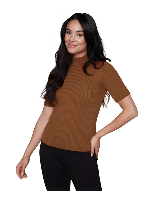 Carré Noir - Short Sleeve Mock-Neck Ribbed Knit Top, Caramel