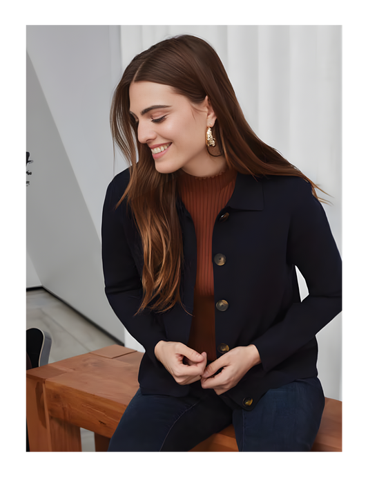 Carré Noir - Collared Button-Down Knit Cardigan, Navy